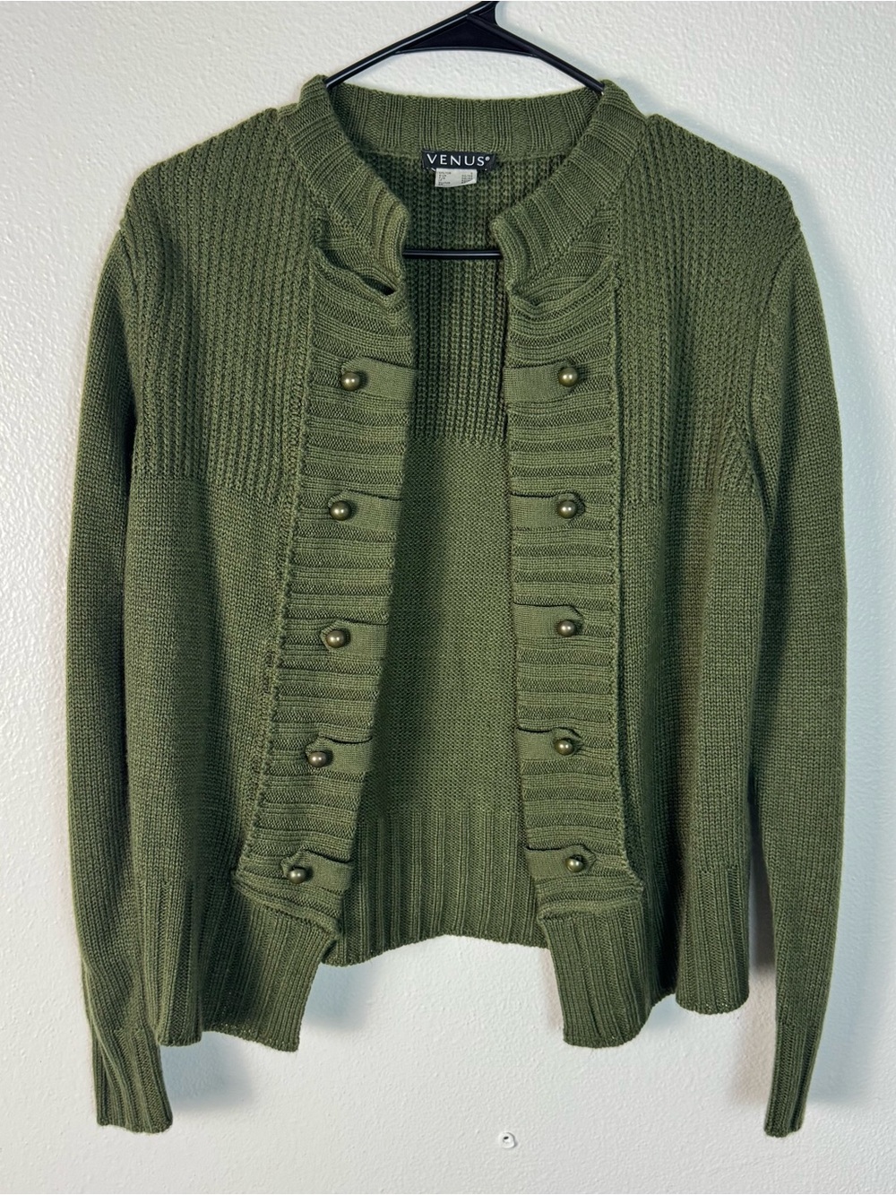 VENUS Olive Green Textured Knit Cardigan with Button Accents Small